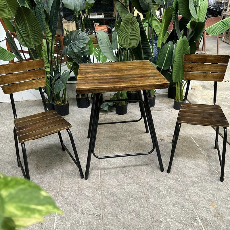 Bộ bàn ghế cafe, nhà hàng, quán ăn chân sắt mặt gỗ GC905