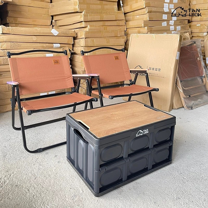 Bàn cắm trại camping TANLOOK gấp gọn kết hợp hộp đựng đồ đa năng bằng nhựa, nắp gỗ GC805