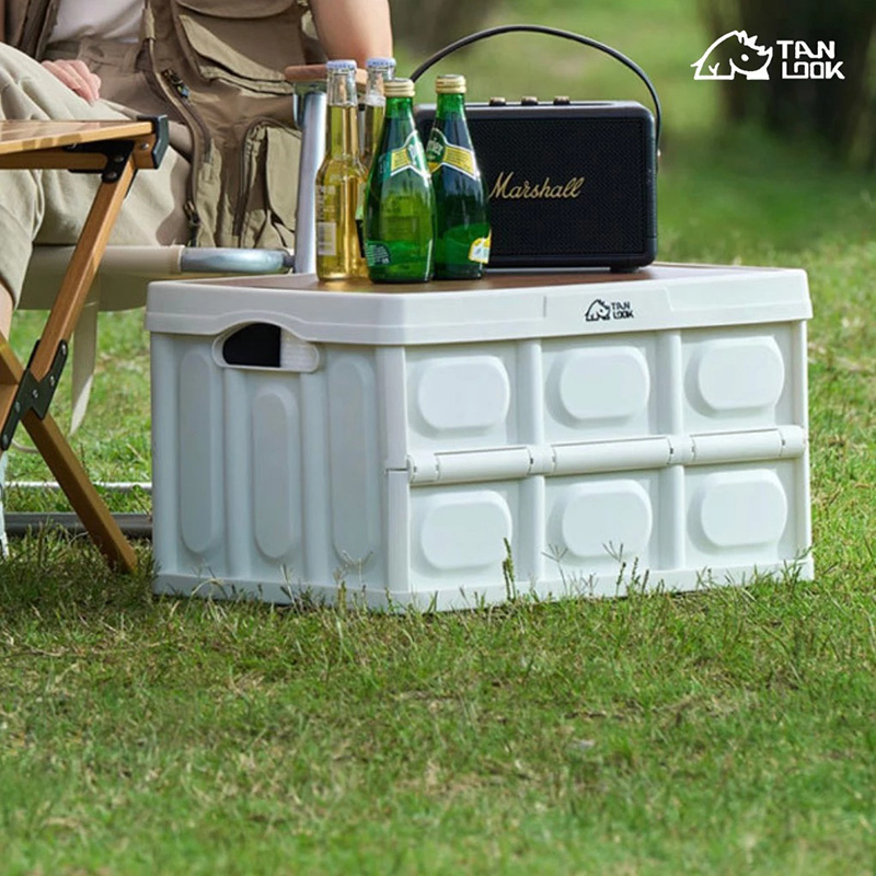 Bàn cắm trại camping TANLOOK gấp gọn kết hợp hộp đựng đồ đa năng bằng nhựa, nắp gỗ GC805