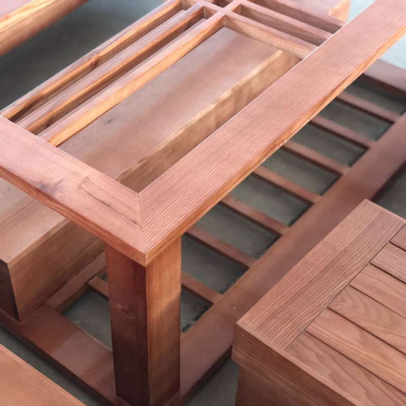 Bộ sofa góc tựa thường mặt nan gỗ Sồi màu xoan đào BK013