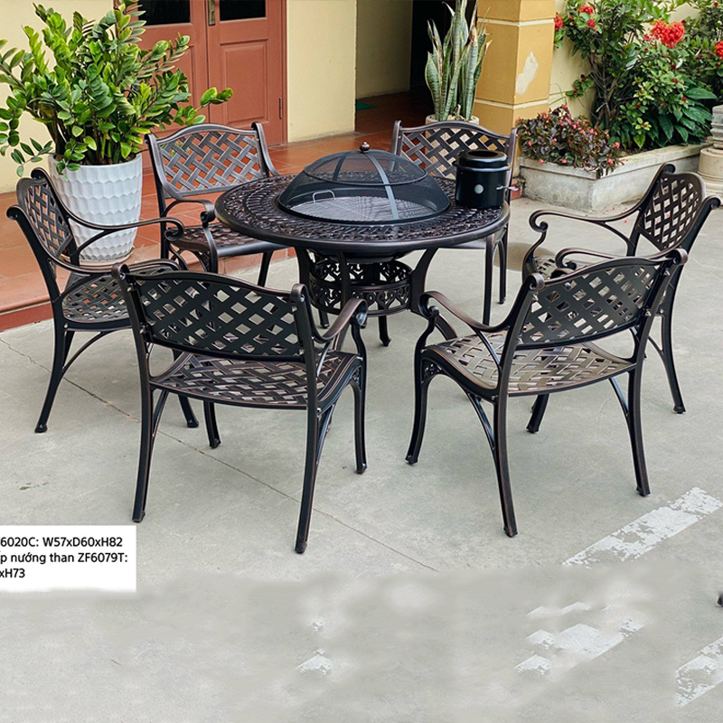 Bộ bàn ghế nhôm đúc khay nướng ngoài trời 1 bàn 6 ghế màu đen đồng BS376