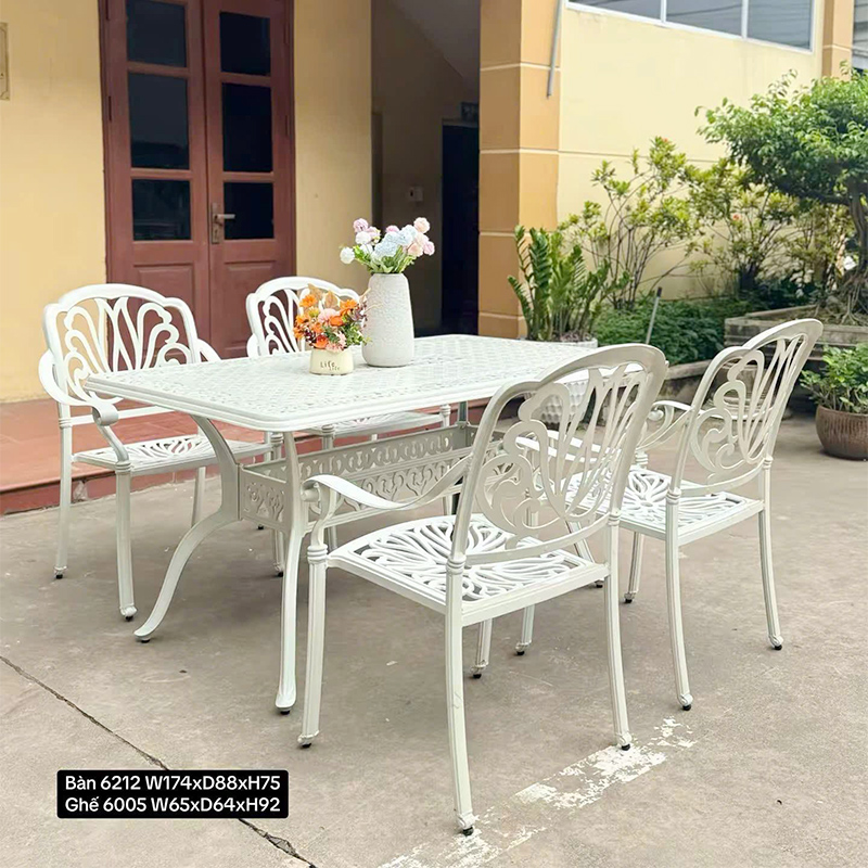 Bộ bàn ghế nhôm đúc nhà hàng, cafe sân vườn màu trắng mặt chữ nhật BS425