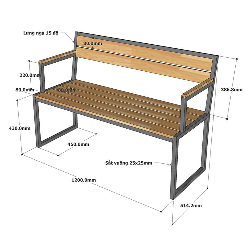 Ghế băng gỗ khung sắt dài 1m2 có tựa lưng và tựa để tay BS304