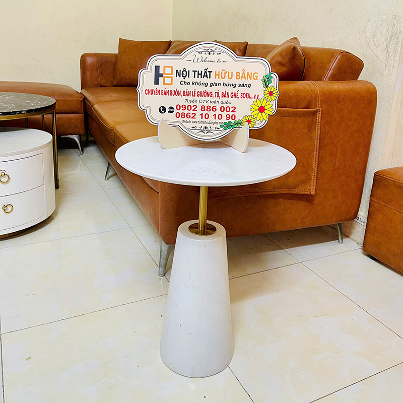 Bàn side tab cạnh sofa đá trắng vân mây tự nhiên nguyên khối BC686