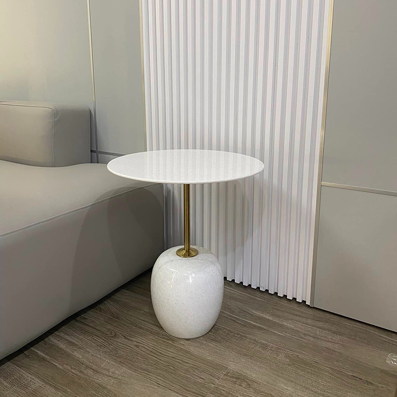 Bàn side tab mặt đá và đế đá tự nhiên trắng muối, trụ Inox mạ vàng BC321