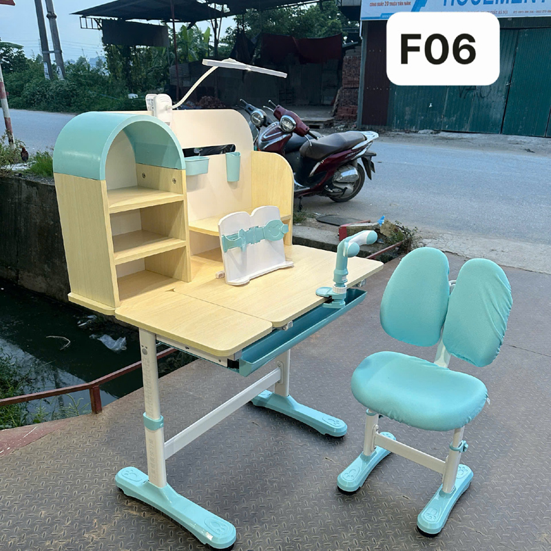 Bộ bàn ghế học sinh F06 sang xịn mịn cho bé, sẵn kho 3 màu Xanh - Hồng - Ghi BH577