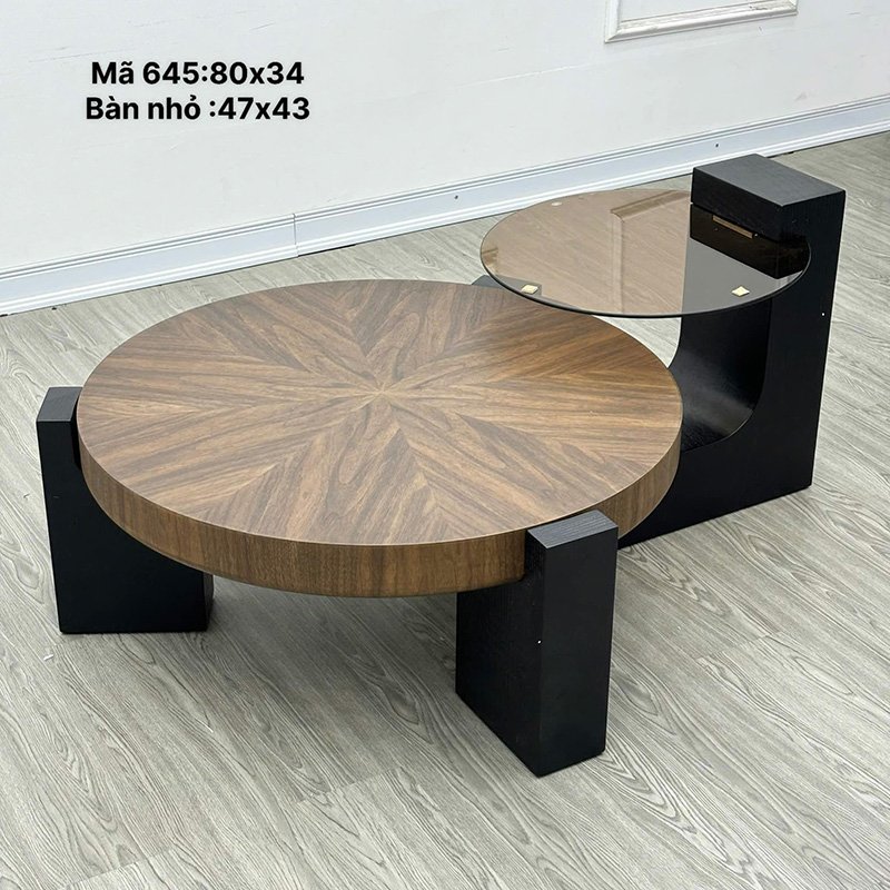 Bàn trà đôi mặt gỗ phủ veneer, thân gỗ sơn phủ đen BT665