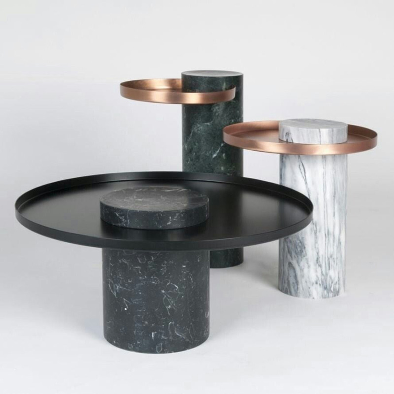 Bàn trà trụ đá đen vân trắng nguyên khối, mặt sắt sơn tĩnh điện BT949