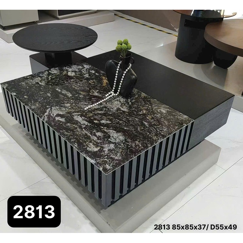 Bàn trà đôi hình vuông kết hợp giữa đá vân mây và vân gỗ đen BT768