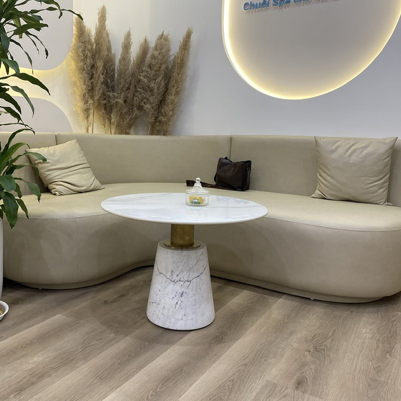 Bàn trà sofa đá tự nhiên hình thang nguyên khối kết hợp trụ Inox mạ vàng BT092