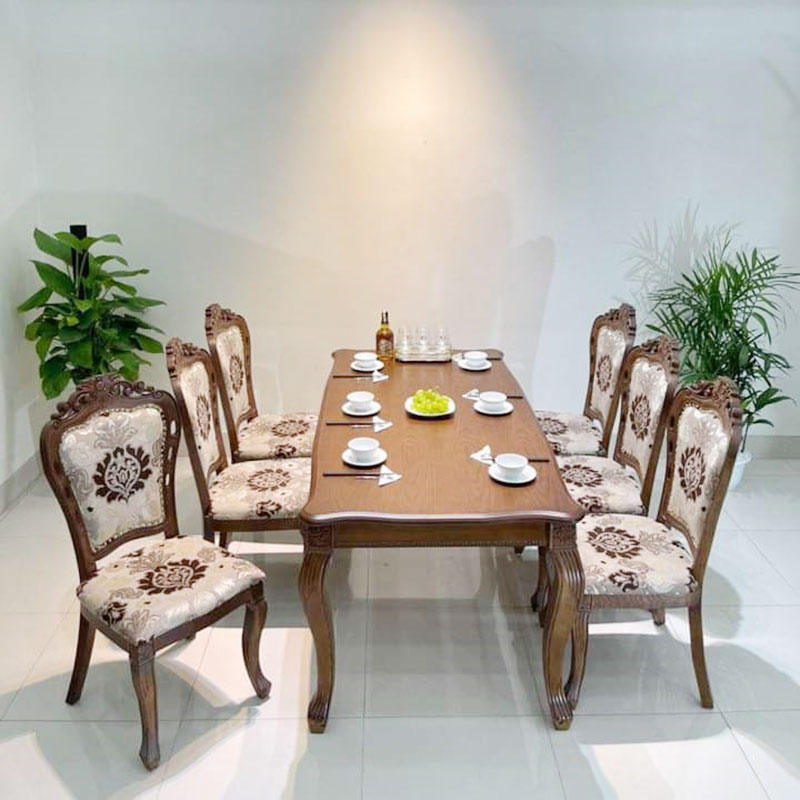 Bộ bàn ăn gỗ tân cổ điển KT 90cm x 1m6 6 ghế bọc nỉ hoa BA803