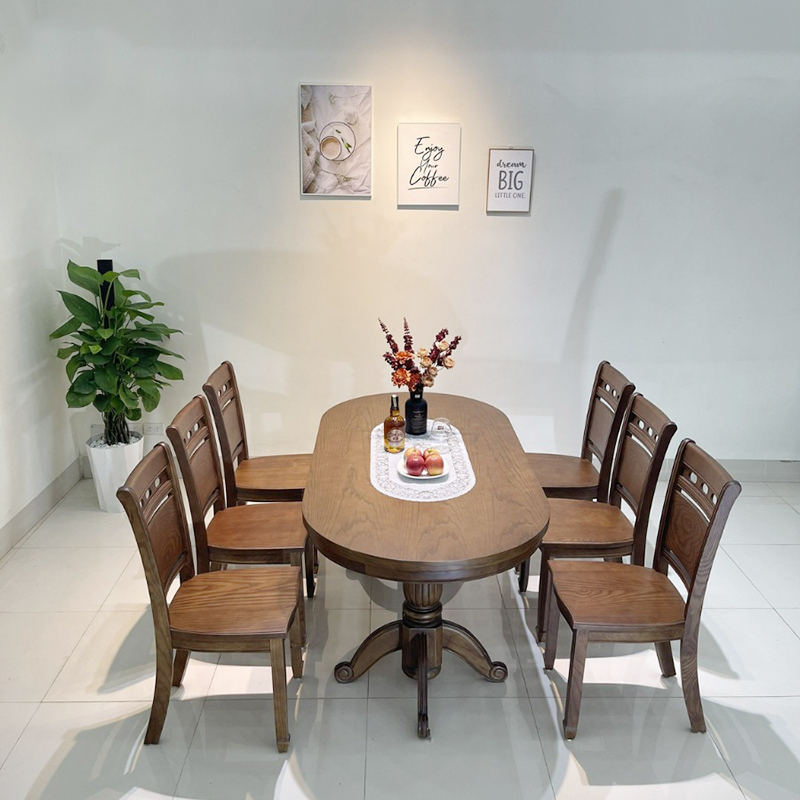 Bộ bàn ăn hình Ovan KT 90cm x 180cm + 06 ghế gỗ bền chắc BA817