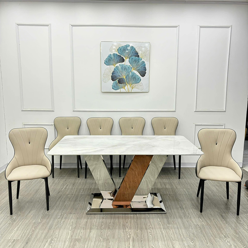 Bộ bàn ăn chân inox chữ V siêu đẹp sẵn giá tốt BO922