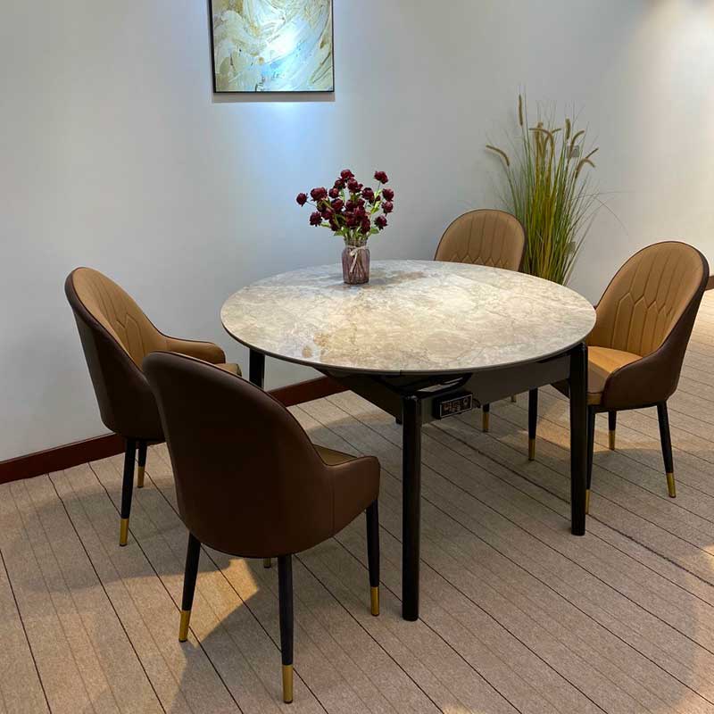 Bộ bàn ăn mặt đá tròn tích hợp bếp từ kết hợp ghế Monet BA986
