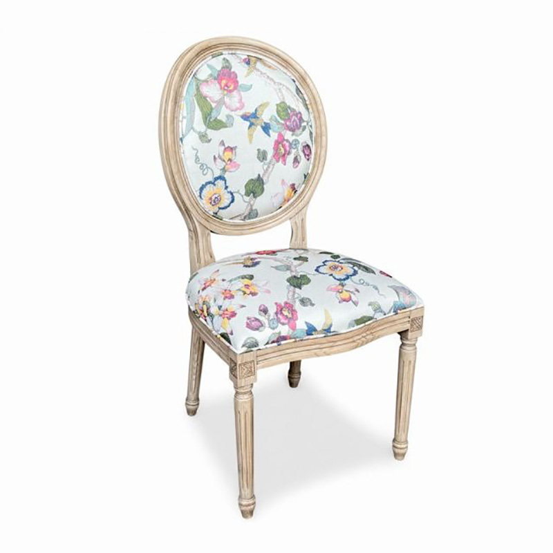Ghế Louis không tay bọc vải hoa họa tiết gỗ Ash sơn giả cổ GA138