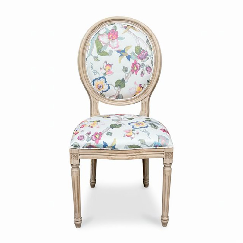 Ghế Louis không tay bọc vải hoa họa tiết gỗ Ash sơn giả cổ GA138