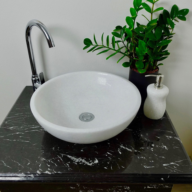 Bồn rửa Lavabo tròn đá trắng muối nguyên khối D420xH140mm LA007