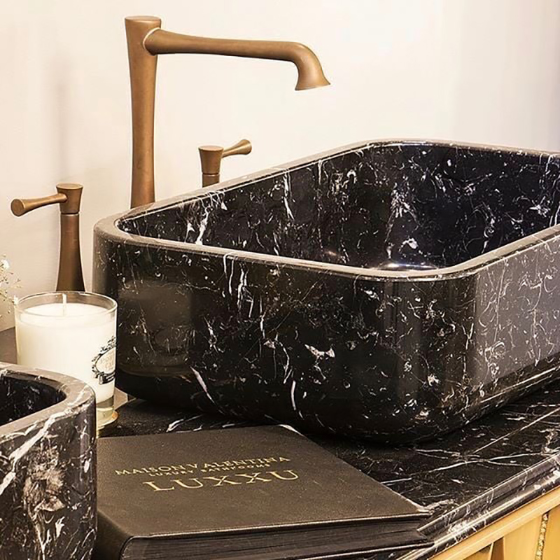 Chậu rửa Lavabo hình vuông đá đen tự nhiên nguyên khối LA009