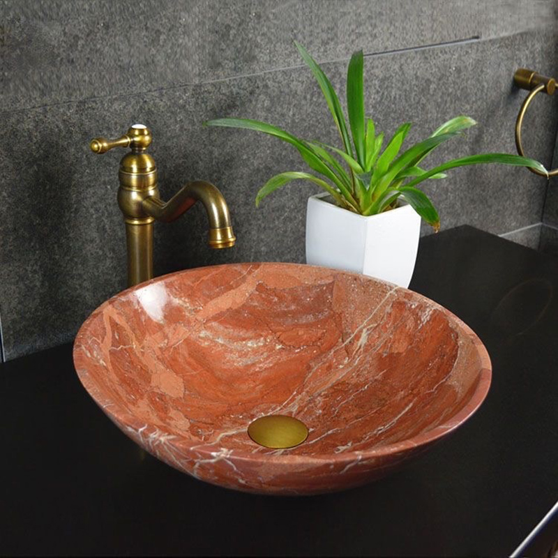 Lavabo đá da báo đỏ tự nhiên hình tròn đặt bàn LA516