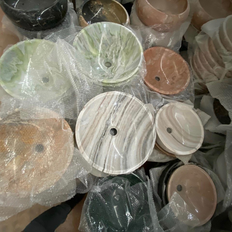 Lavabo đá da báo đỏ tự nhiên hình tròn đặt bàn LA516