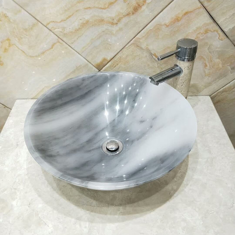 Lavabo tròn đá trắng vân nâu tự nhiên nguyên khối D420xH140mm LA198