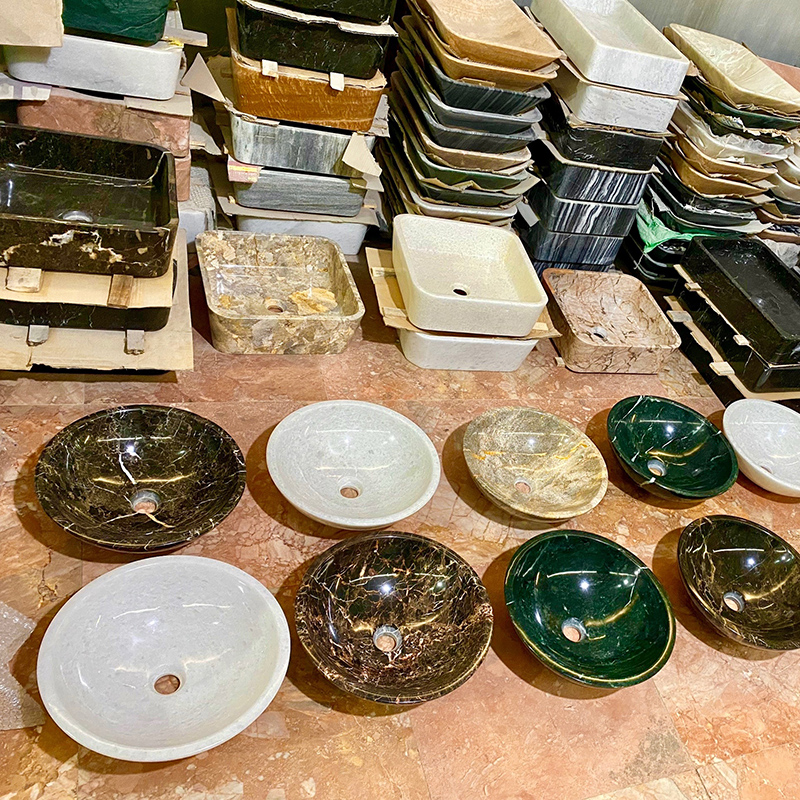 Lavabo tròn đá trắng vân nâu tự nhiên nguyên khối D420xH140mm LA198