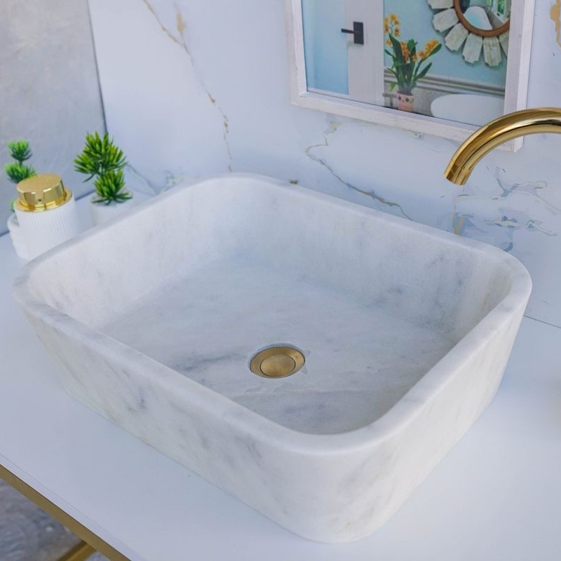 Lavabo vuông đá Cẩm Thạch trắng tự nhiên kích thước: 43*43*14cm LA252