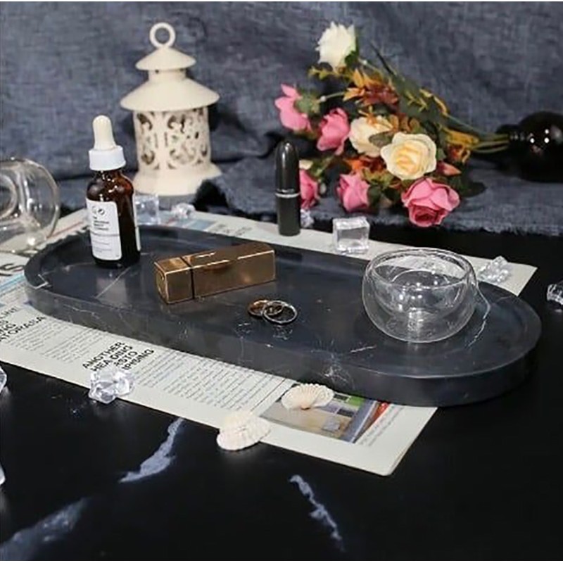 Khay đá marble hình oval đá đen vân trắng decor khách sạn, resort, spa, homestay PT017