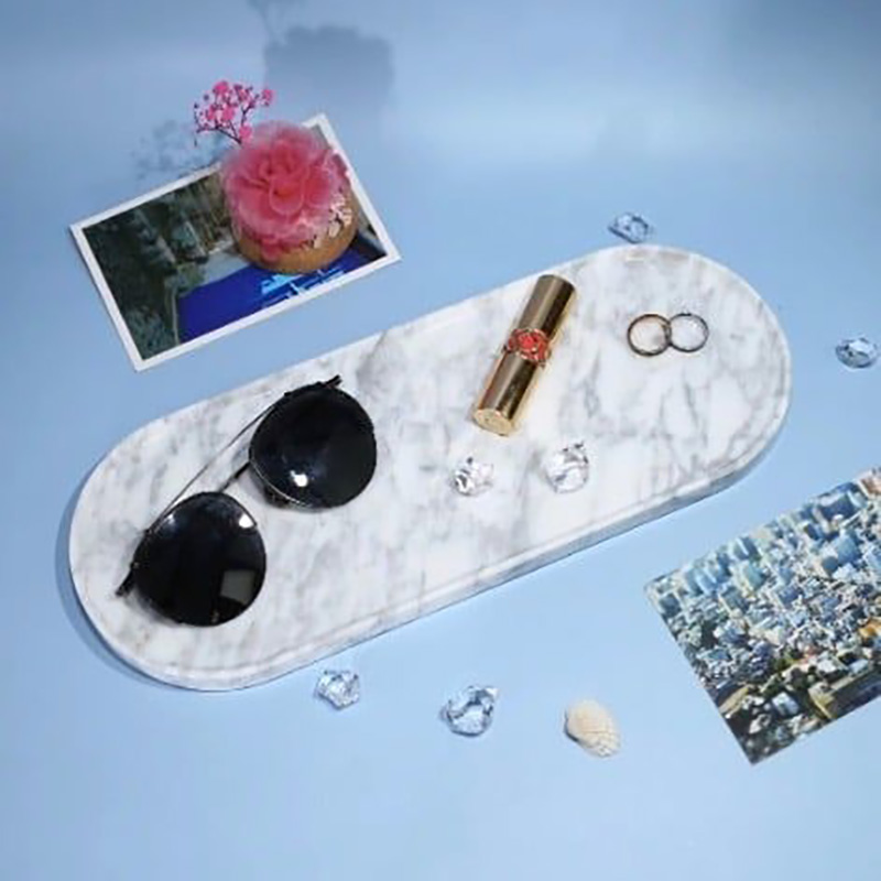 Khay đá marble hình oval, đá trắng vân mây đựng đồ ăn, trà chiều PT018