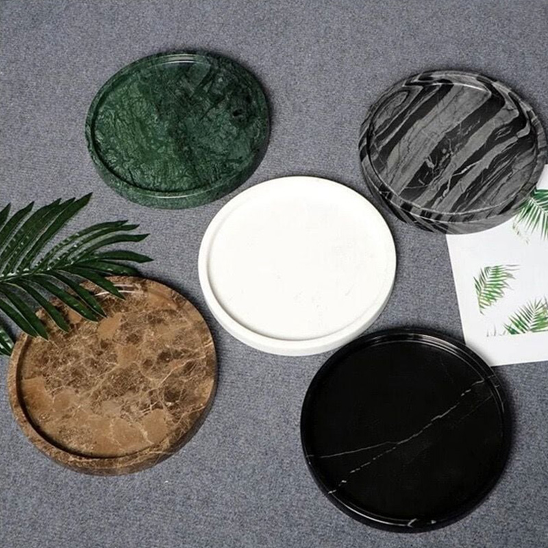 Khay đá marble hình tròn, đá đen vân trắng D30cm cao cấp cho khách sạn PT011