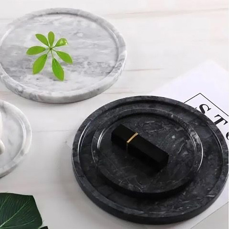 Khay đá marble hình tròn, đá đen vân trắng D30cm cao cấp cho khách sạn PT011