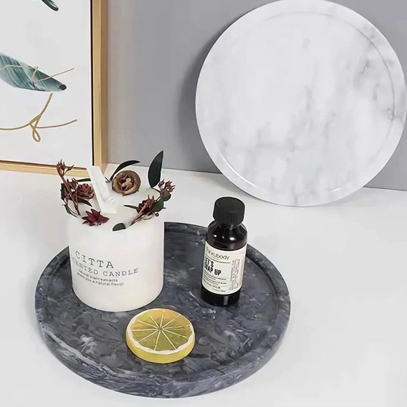 Khay đá marble hình tròn, đá đen vân trắng D30cm cao cấp cho khách sạn PT011