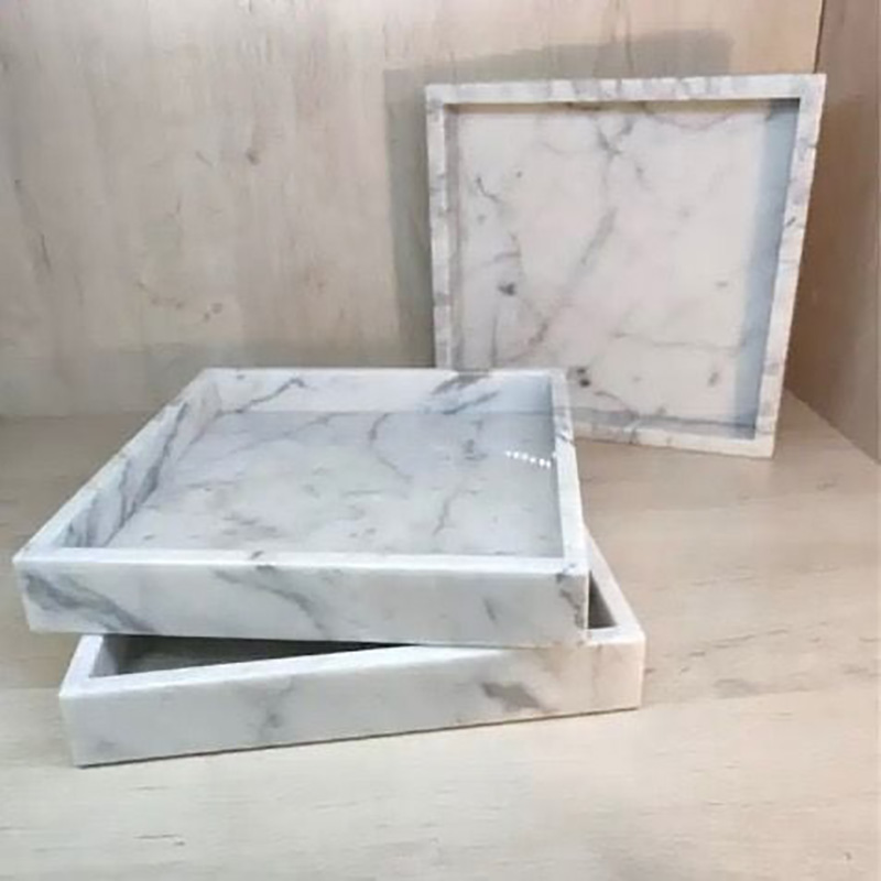 Khay đá marble quà tặng cao cấp hình vuông, đá trắng vân mây PT013