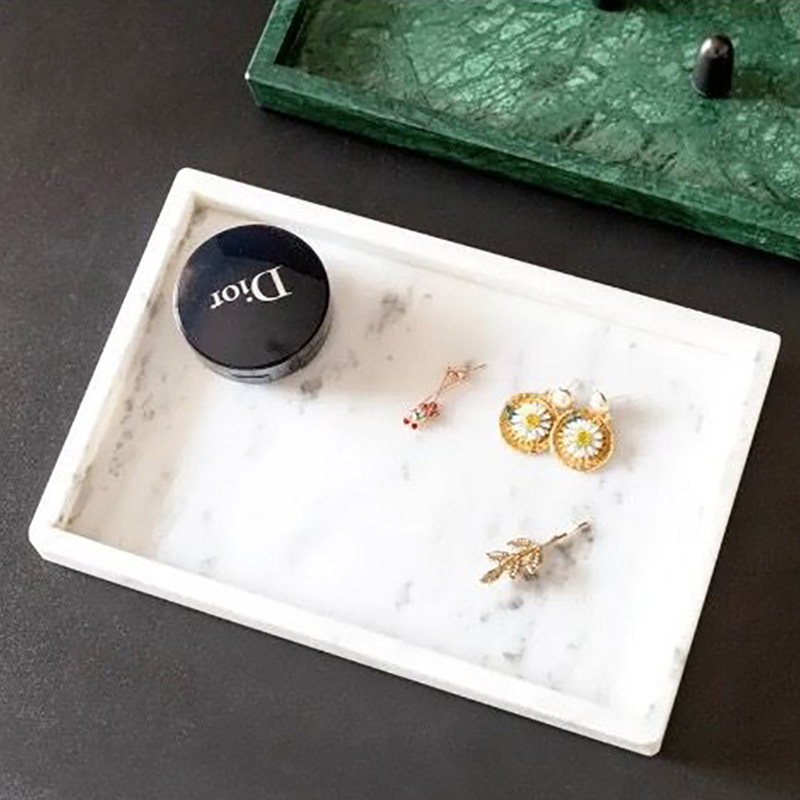 Khay đựng đồ trang sức đá marble hình chữ nhật đá trắng vân mây PT015