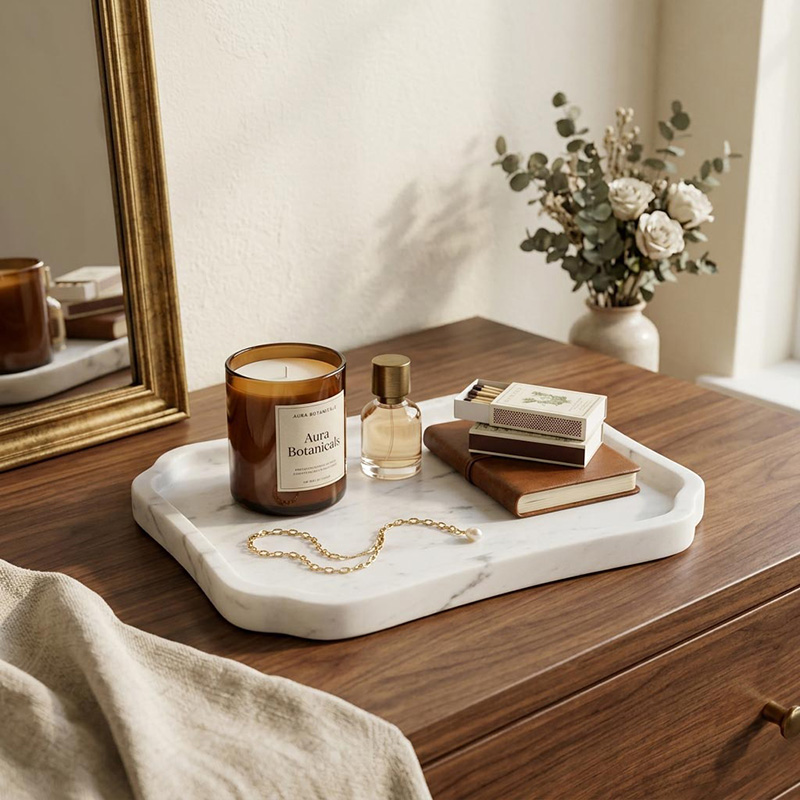 Khay đựng đồ trang trí phòng khách/Bàn trà, đá trắng Volakas tự nhiên PT548