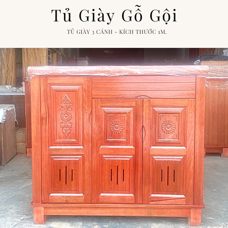 Tủ  giầy gỗ Gội 3 cánh lưu trữ giày dép một cách hiệu quả TG641