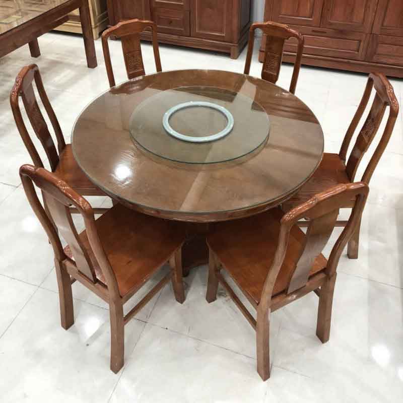 Bộ bàn ăn tròn xoay mặt kính 1m2, 6 ghế gỗ xoan đào BA224