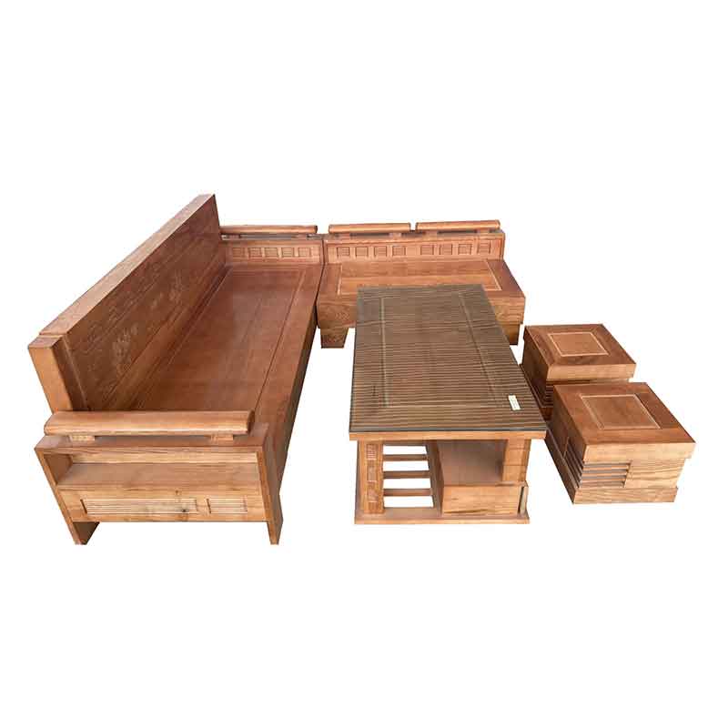 Bộ sofa góc tựa cảnh mặt liền gỗ sồi màu xoan đào BK010