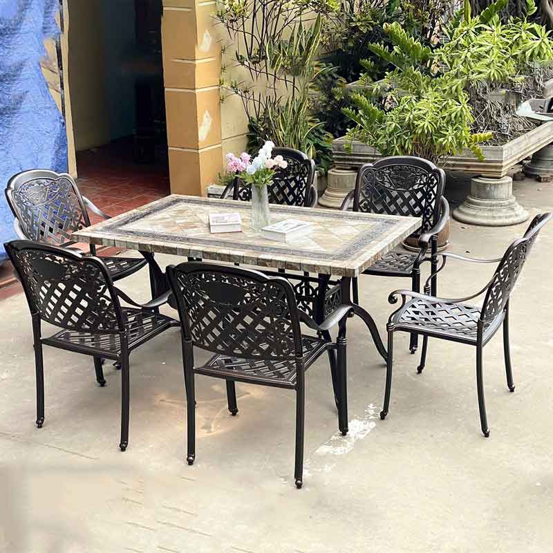 Bộ bàn ghế hợp kim nhôm đúc mặt đá 1 bàn 6 ghé cho sân vườn biệt thự BS474