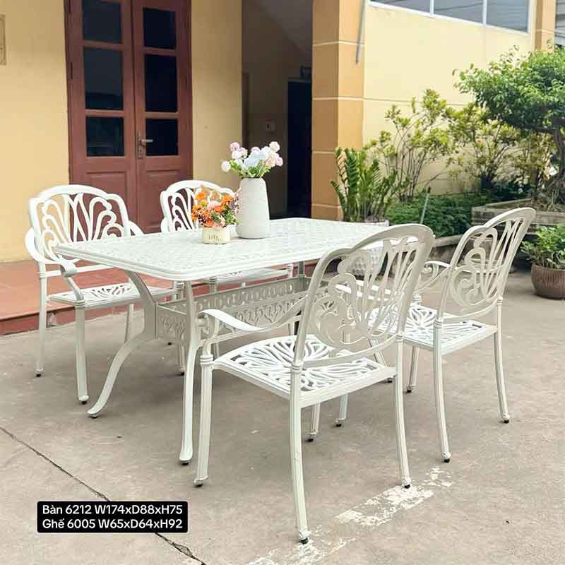 Bộ bàn ghế nhôm đúc nhà hàng, cafe sân vườn màu trắng mặt chữ nhật BS425