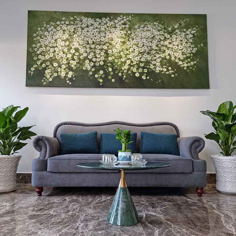 Bàn trà đế đá xanh Ấn Độ tự nhiên, trụ inox 304 mạ PVD vàng BT942