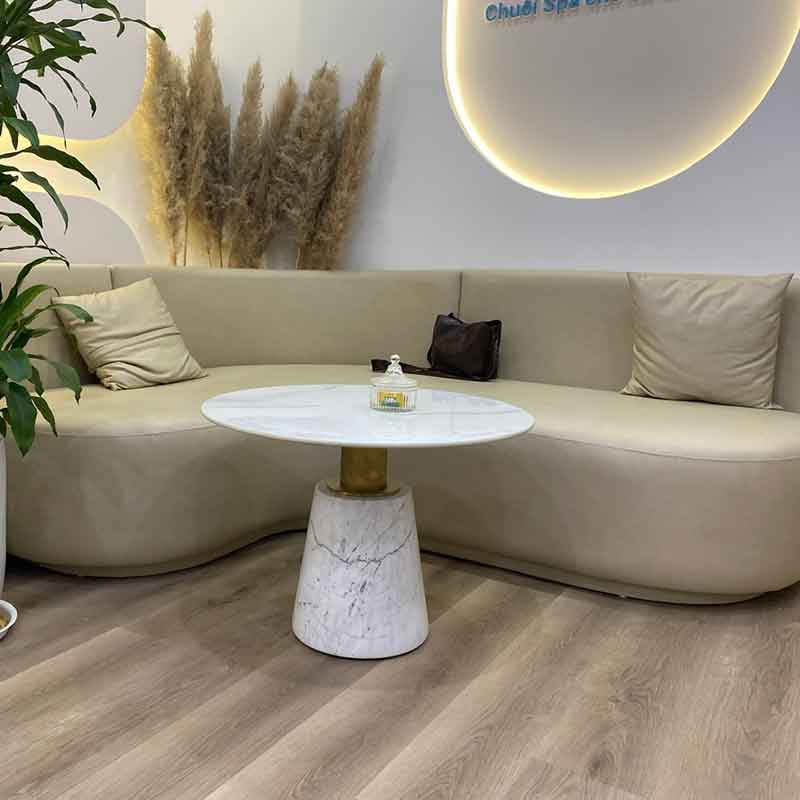 Bàn trà sofa đá tự nhiên hình thang nguyên khối kết hợp trụ Inox mạ vàng BT092