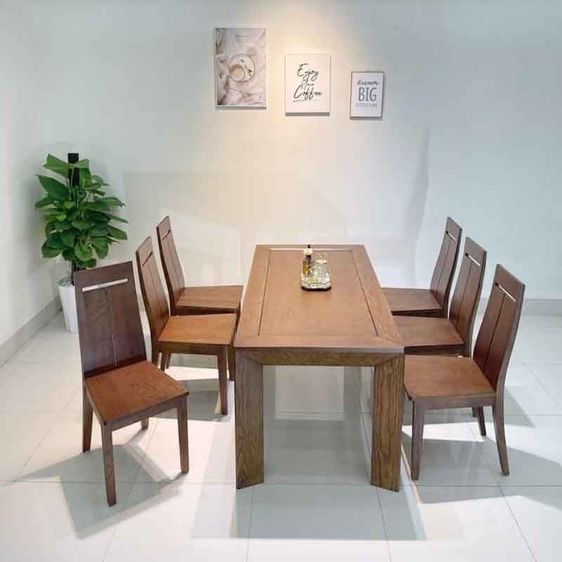 Bàn ăn chân vát kết hợp 6 ghế gỗ đẹp cho nhà hàng khách sạn BA829
