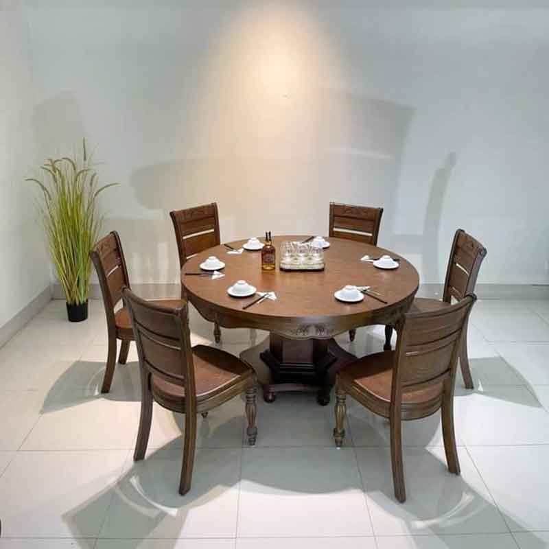 Bộ bàn ăn gỗ 6 ghế, mặt bàn tròn đẹp cho không gian bếp BA825