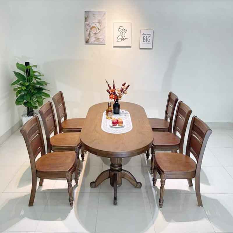 Bộ bàn ăn hình bầu dục KT 90cm x 180cm 6 ghế gỗ đẹp BA816