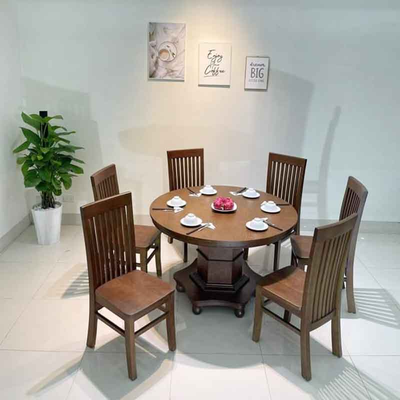 Bộ bàn ăn tròn đường kính 1m2 kết hợp 6 ghế gỗ 7 nan BA826