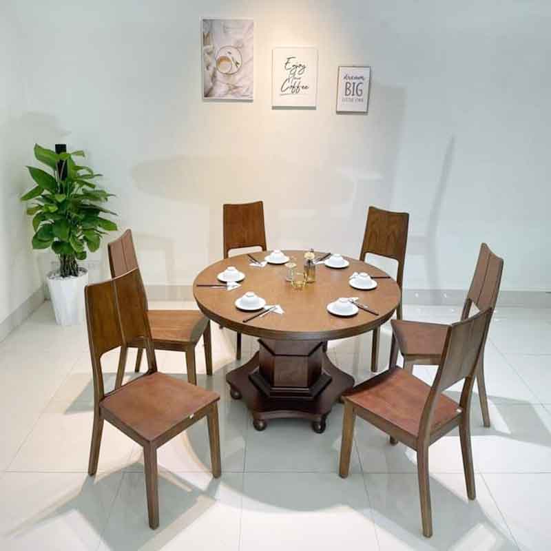 Bộ bàn ghế ăn tròn đường kính 1m2 + 6 ghế gỗ BA809