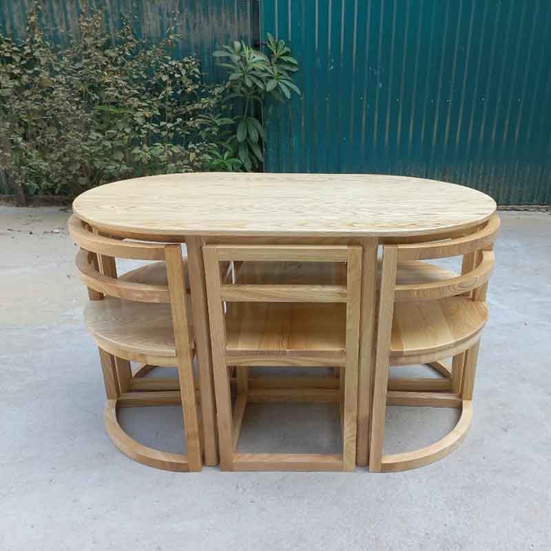 Bộ bàn ăn ovan 6 ghế xếp gọn gỗ sồi BA164