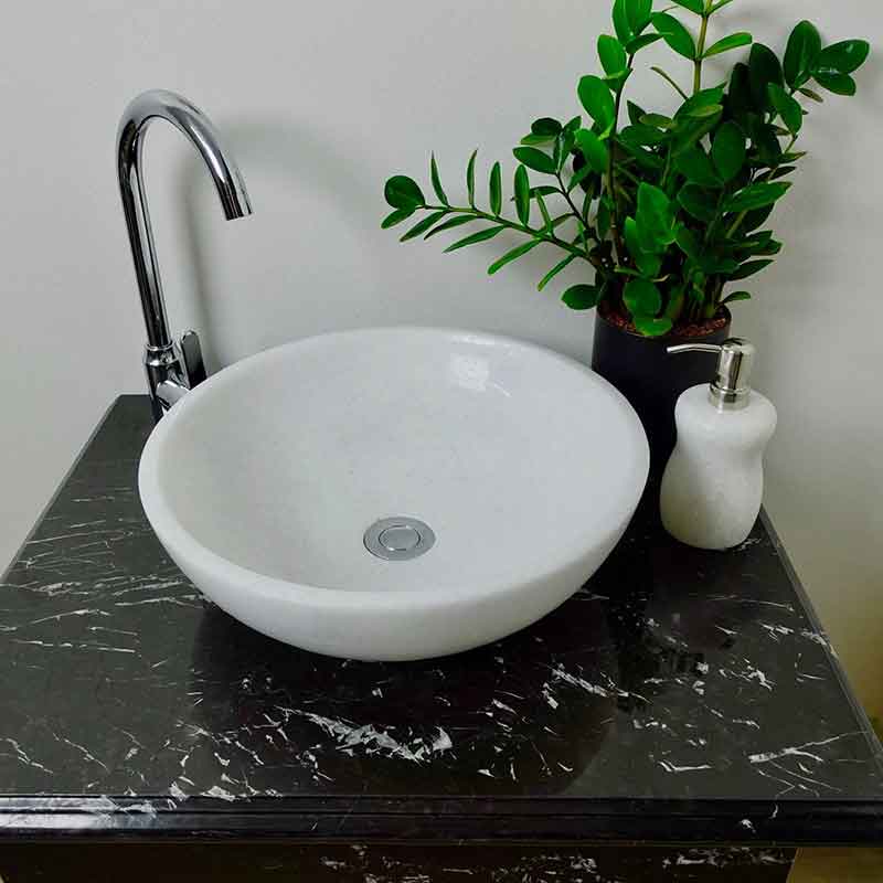 Bồn rửa Lavabo tròn đá trắng muối nguyên khối D420xH140mm LA007