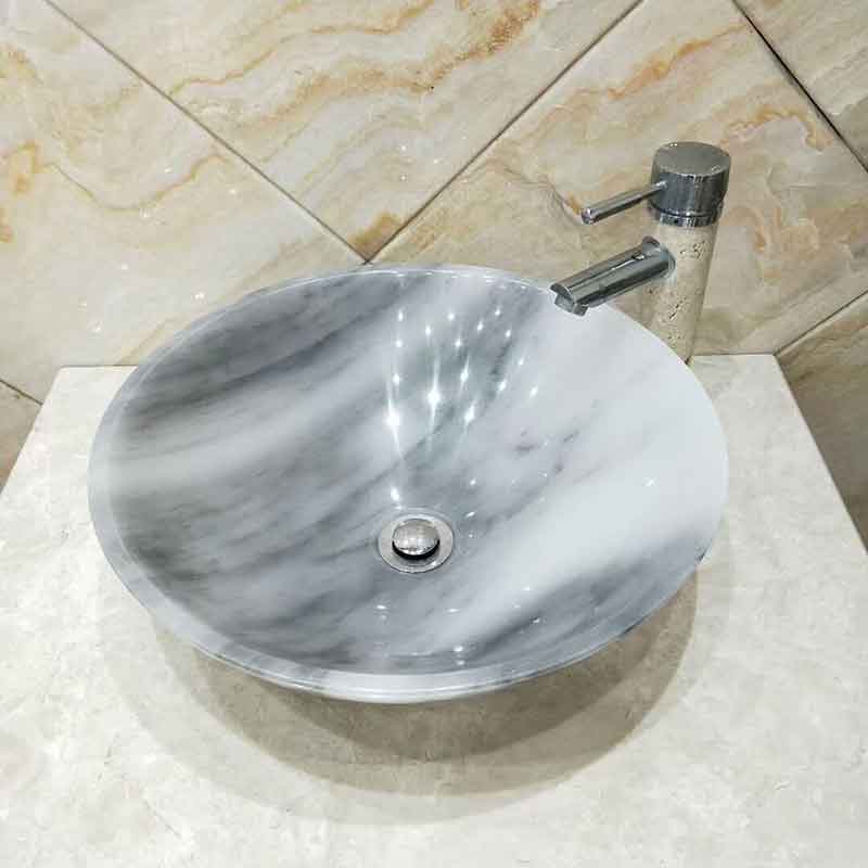 Lavabo tròn đá trắng vân nâu tự nhiên nguyên khối D420xH140mm LA198